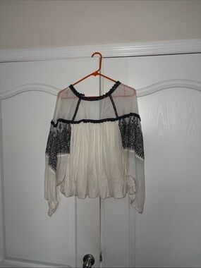 Free People Mixed Media Embroidered Mesh Crop Blouse Top Cream Black M